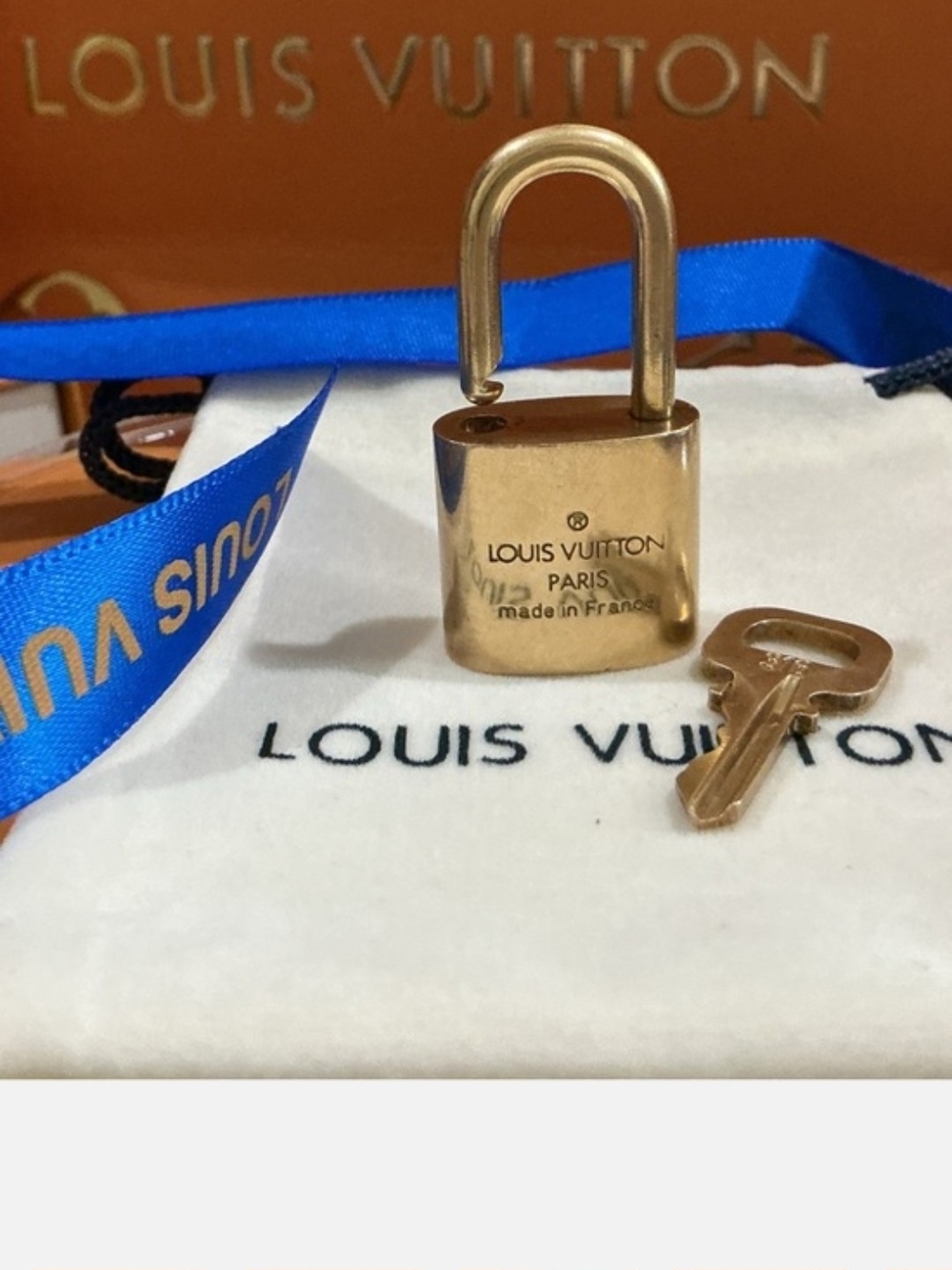 Louis Vuitton Gold-Tone Padlock and Key with Blue Ribbon